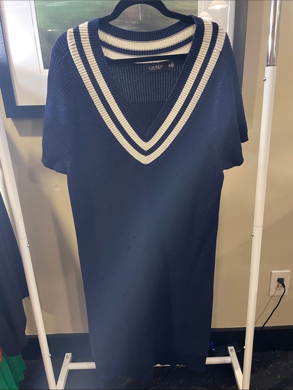 Lauren Ralph Lauren Navy Midi V-Neck Sweater Dress with Ivory Trim